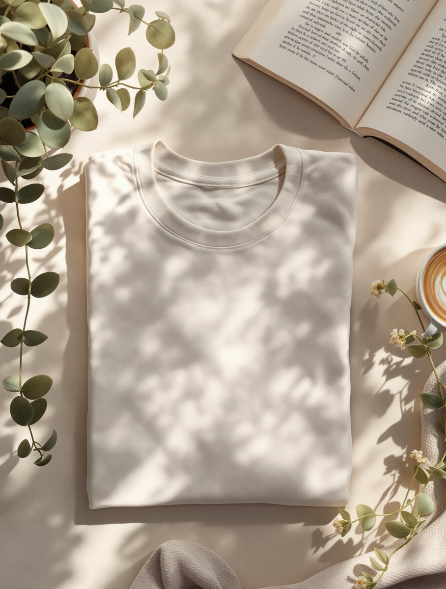 Cozy morning flatlay with coffee and a soft tee