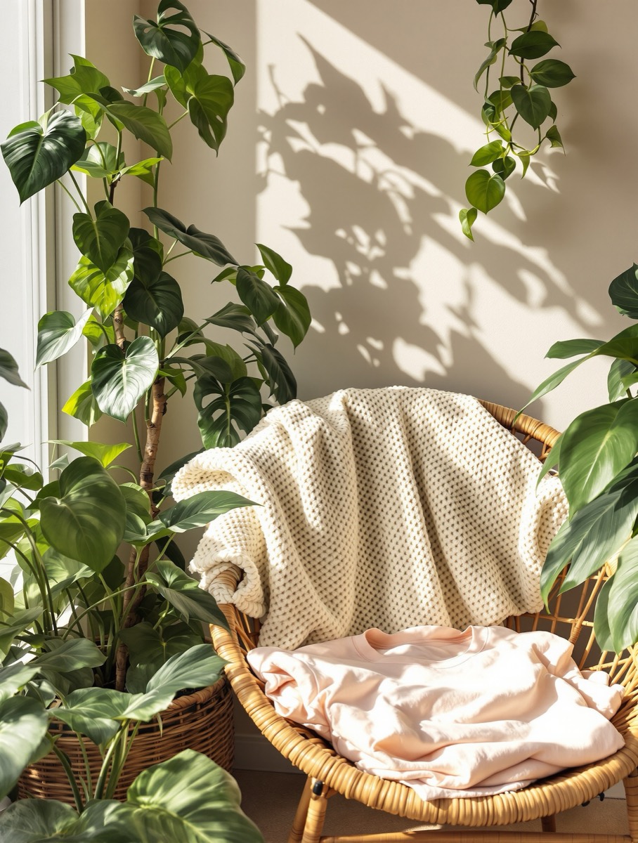 Plant-filled corner with books and a folded tee