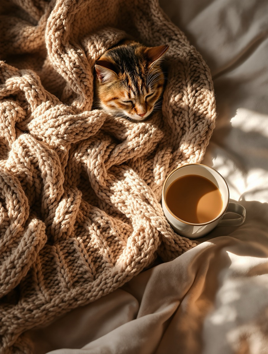 Warm knit and a mug on a sunlit table